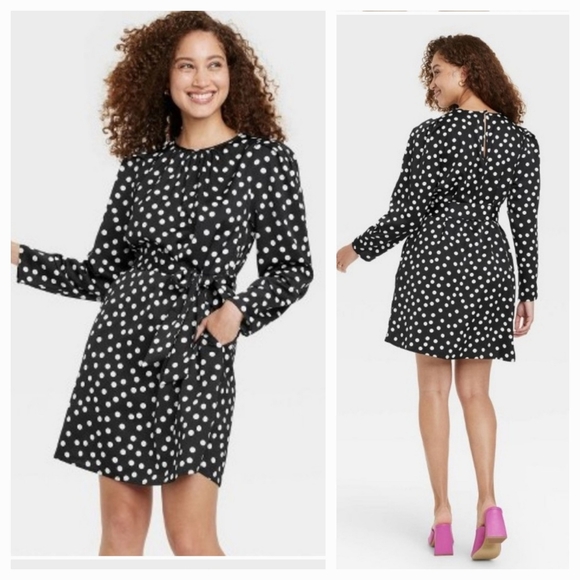Polka Dot A-Line Mini Dress- Black White A New Day - Picture 2 of 14